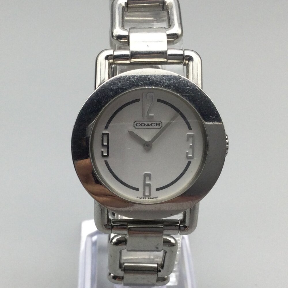 Coach Watch Women 32mm Silver Tone Square Link Band New Battery 7"